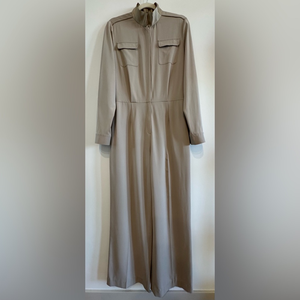 NEW Elie Tahari Silk Beige Lightweight Wide Leg Utility Pant Jumpsuit Size 10